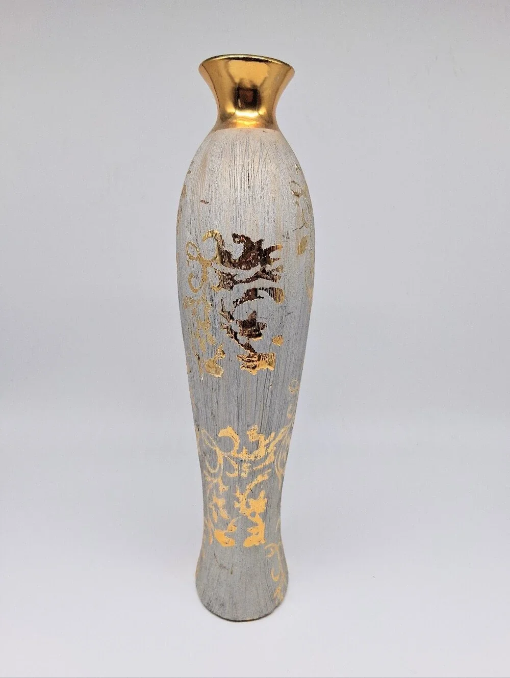 Gray And Gold Textured Ceramic Artistic Bottle Shape Vase 13 in. H